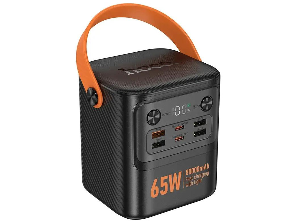 Power Bank Hoco J152 Pro Tough, PD65W, 80000mAh, ліхтар, провідна зарядка, ABS+PC, колір чорний