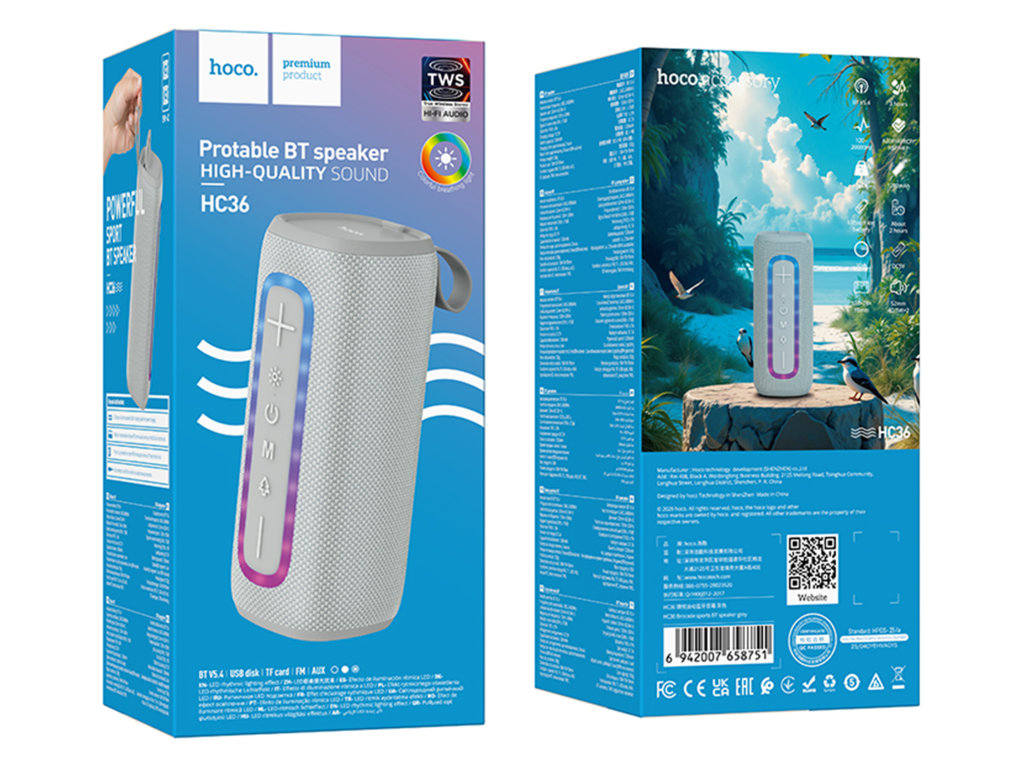 Колонка Hoco HC36, 10Вт, Bluetooth 5.4, 1200mAh, Type-C, пластик, 75×187×75мм, цвет серый
