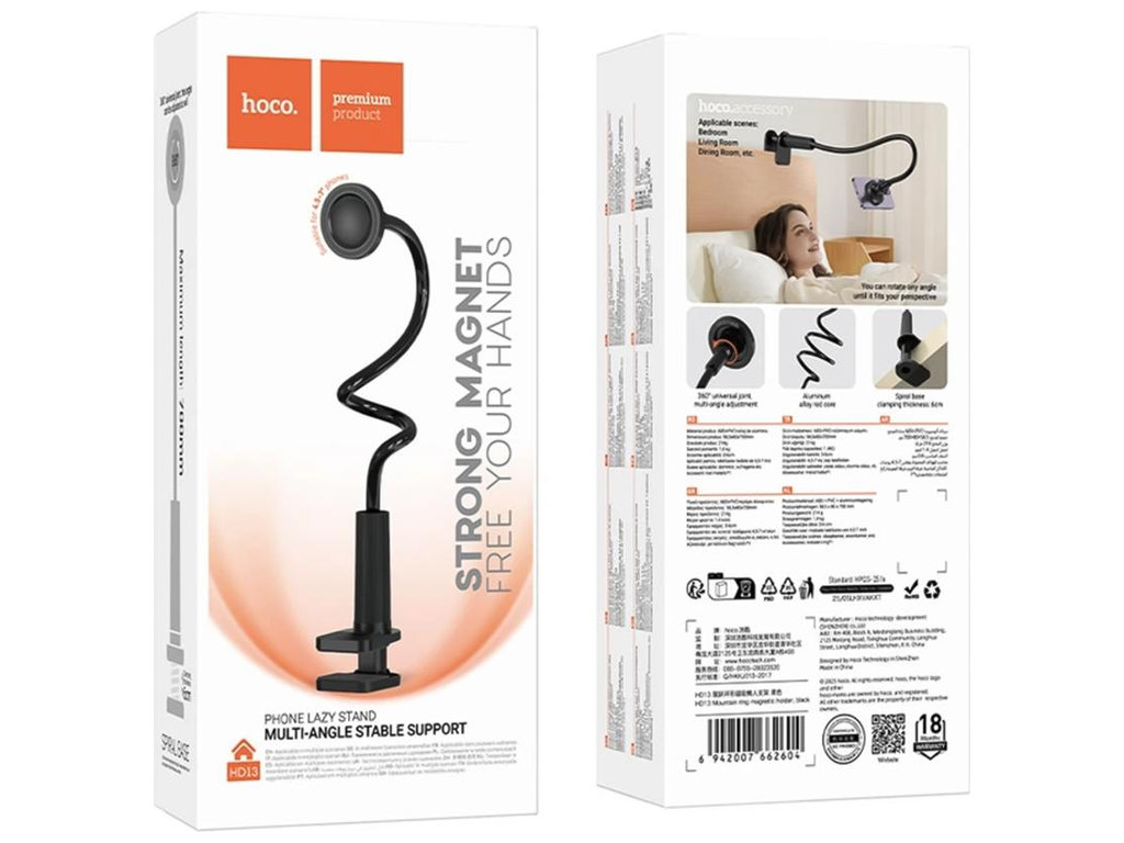 Держатель на прищепке Hoco HD13 Ring Magnetic, для смартфонов/планшетов 4.5–7", пластик, цвет черный