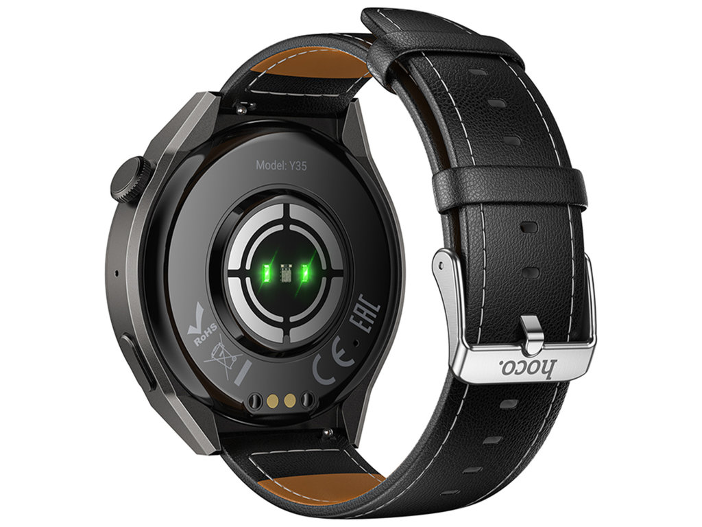 Смарт-часы Hoco Y35, Bluetooth 5.3, 250мАч, TFT дисплей, пластик, кожзам, 100×100×65мм, цвет черный