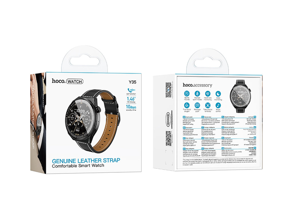 Смарт-часы Hoco Y35, Bluetooth 5.3, 250мАч, TFT дисплей, пластик, кожзам, 100×100×65мм, цвет черный