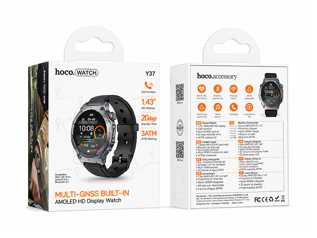 Смарт-часы Hoco Y37, Bluetooth 5.3, GPS, AMOLED дисплей, 520мАч, алюминиевый сплав, цвет черный