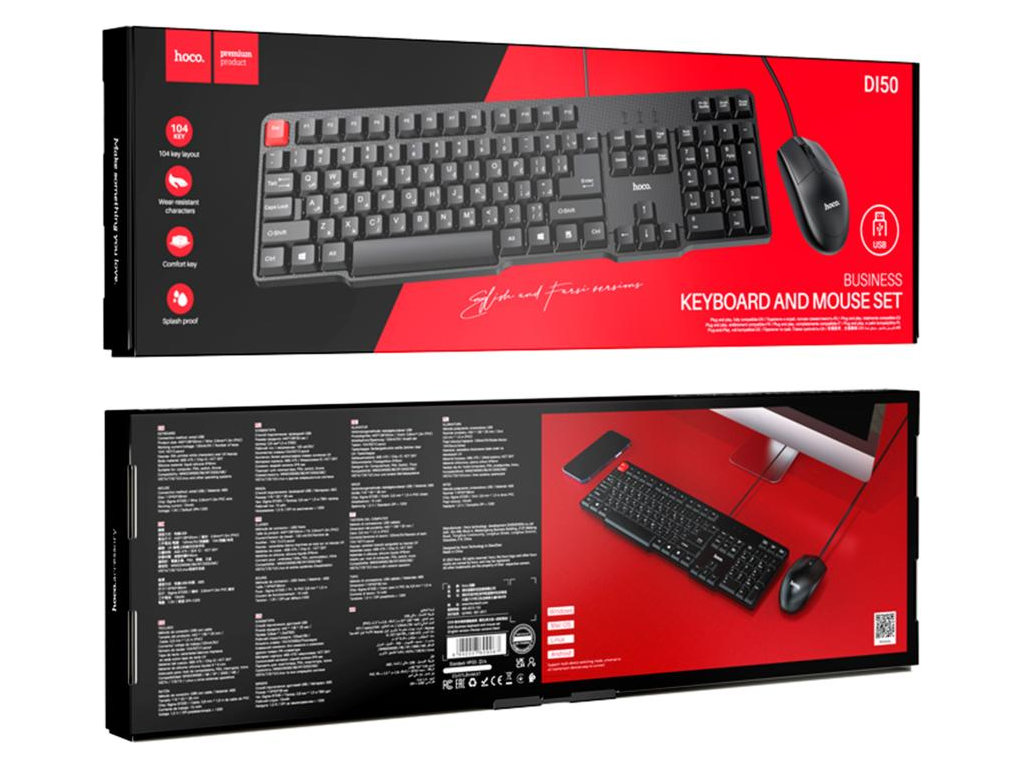 Клавиатура и мышь Hoco DI50, проводные, USB, 104 клавиши, мембранные, DPI 1200, ENG/RU, цвет черный