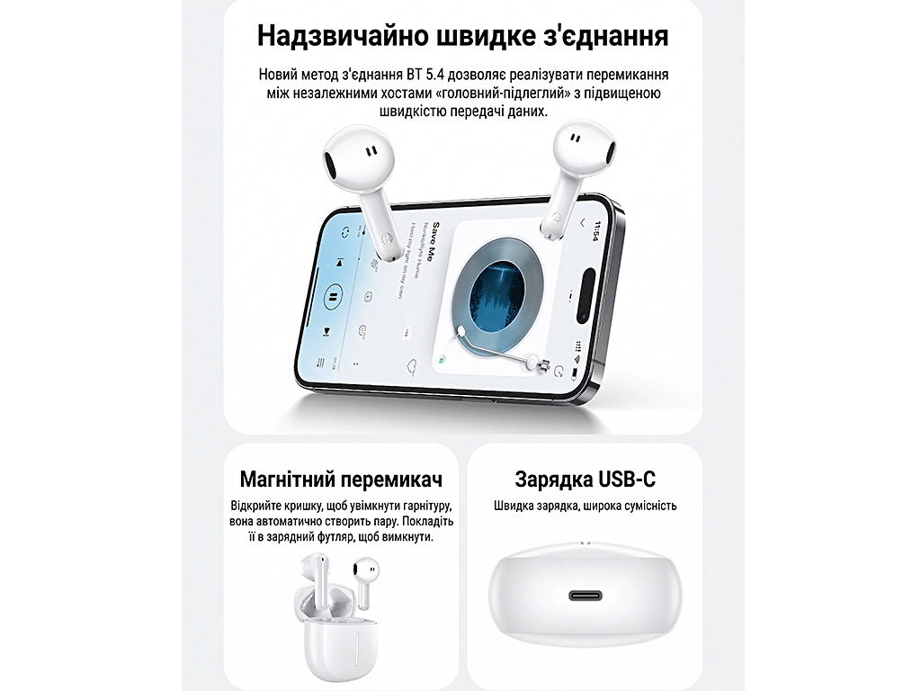 Беспроводные наушники Hoco EQ33 Bluetooth 5.4 TWS, сенсор, кейс 300mAh, Type-C, белые