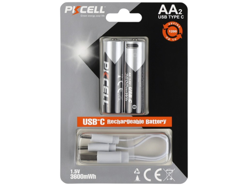 Батарейка аккумуляторная PKCELL AA-3600, 3600mWh, USB-C зарядка, 1.5V, литиевые, 125х85х15мм, 2шт