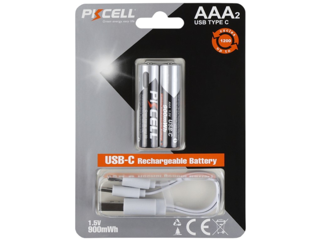 Батарейка аккумуляторная PKCELL AAA-900, 900mWh, USB-C зарядка, 1.5V, литиевые, 125х85х15мм, 2шт