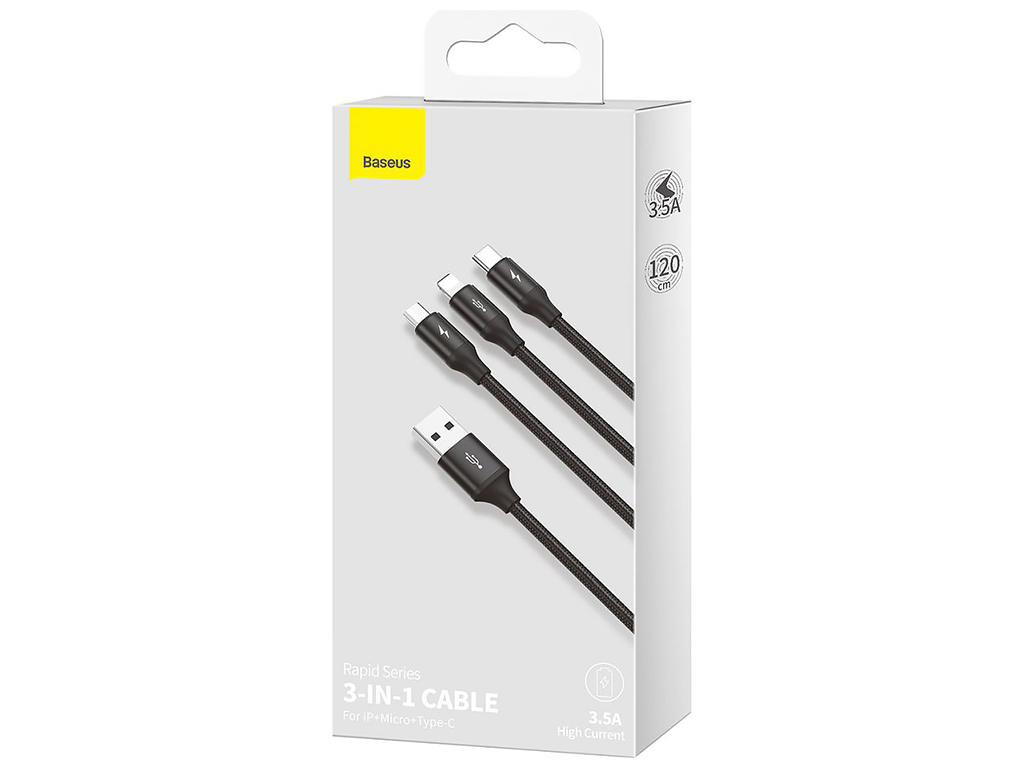 Кабель USB Baseus Rapid 3-in-1 USB to Micro / Lightning / Type-C 3.5A 1.2m CAJS0000, Чорний