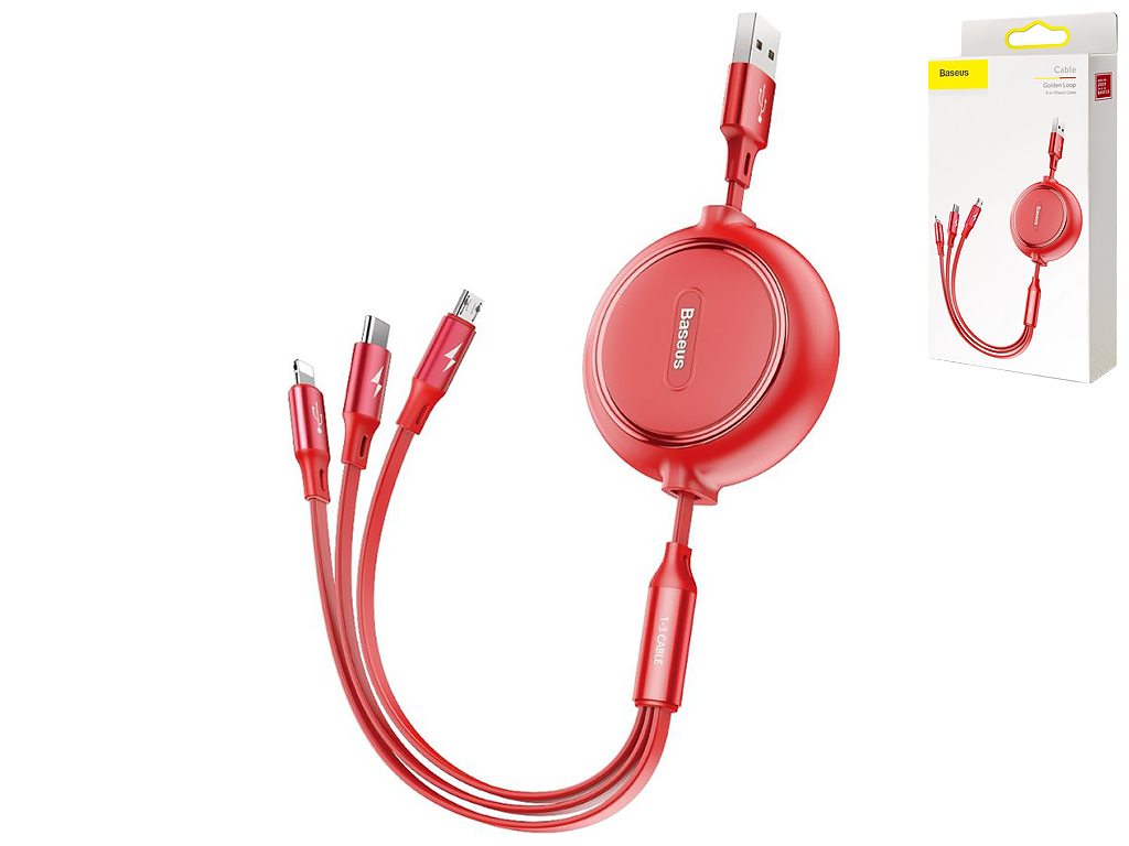 Кабель USB Baseus Golden Loop 3-in-1 USB to Micro / Lightning / Type-C 3.5A 1.2m CAMLT-JH, Красный