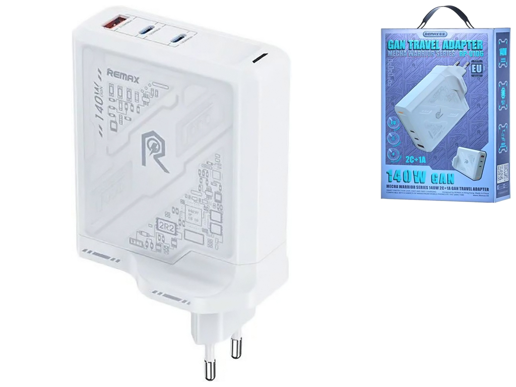 Сетевое Зарядное Устройство Remax RP-U106 140W 2C+1A GaN, Цвет Белый