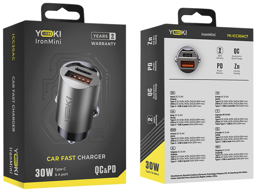 Автомобильное зарядное устройство Yoki IronMini, Type-C, Usb-A, Pd, Qc, 30Вт