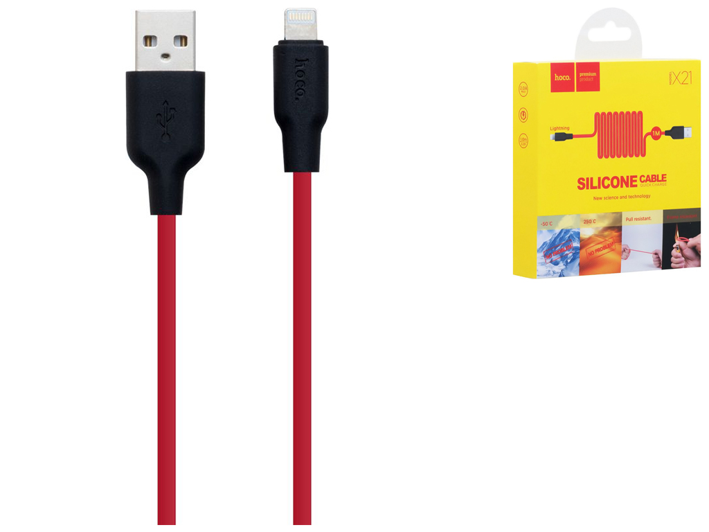 Кабель USB Hoco X21 Silicone Lightning, Чёрно-Красный