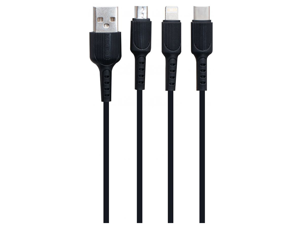 Кабель USB Borofone BX16 3-in-1 Easy IP+Micro+Type-C, Чорний