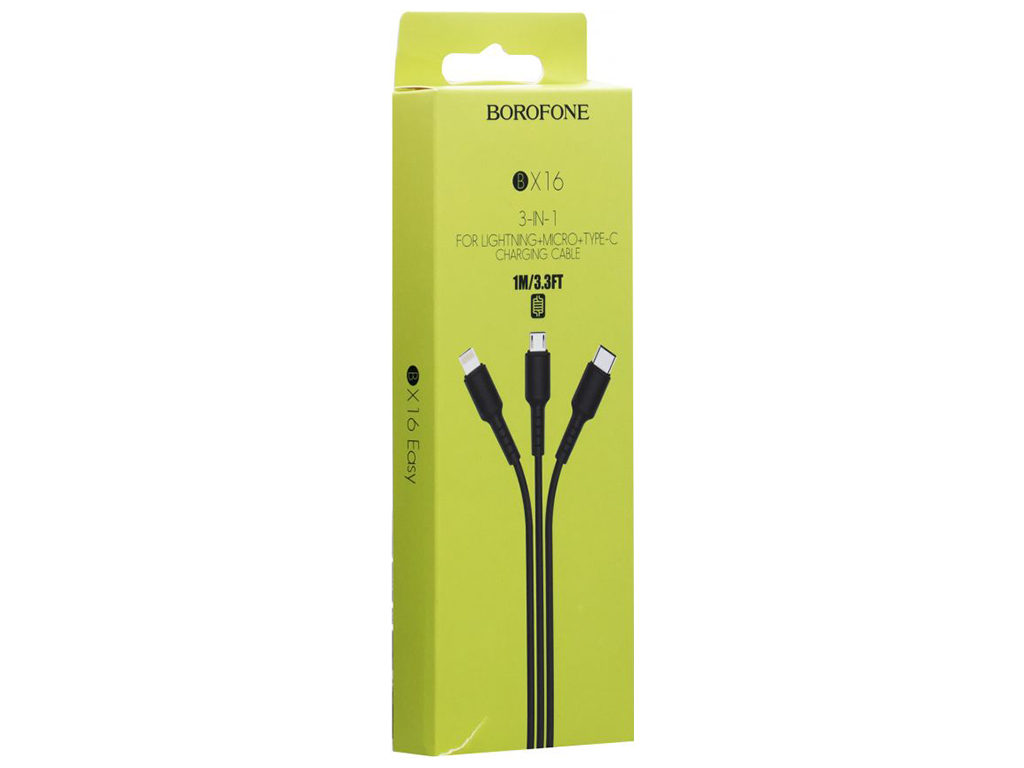Кабель USB Borofone BX16 3-in-1 Easy IP+Micro+Type-C, Чорний