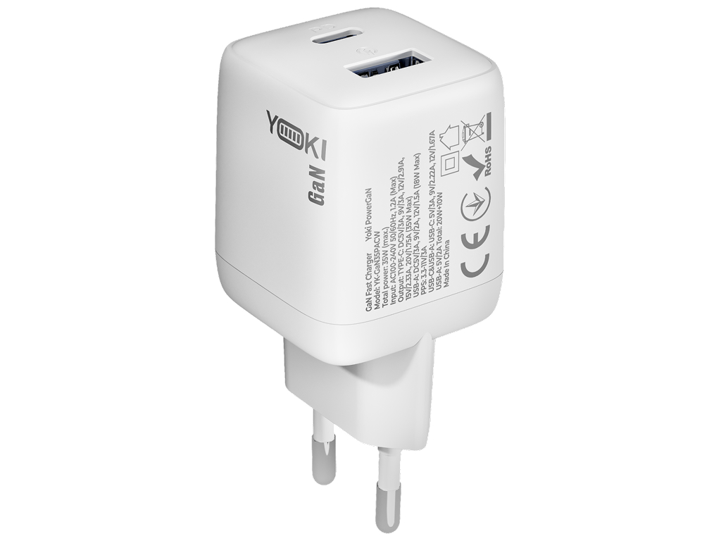 Сетевое зарядное устройство Yoki PowerGaN, Type-C, Usb-A, Pd, Qc, Pps, 35Вт