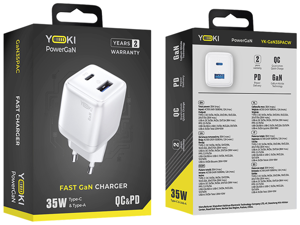 Сетевое зарядное устройство Yoki PowerGaN, Type-C, Usb-A, Pd, Qc, Pps, 35Вт