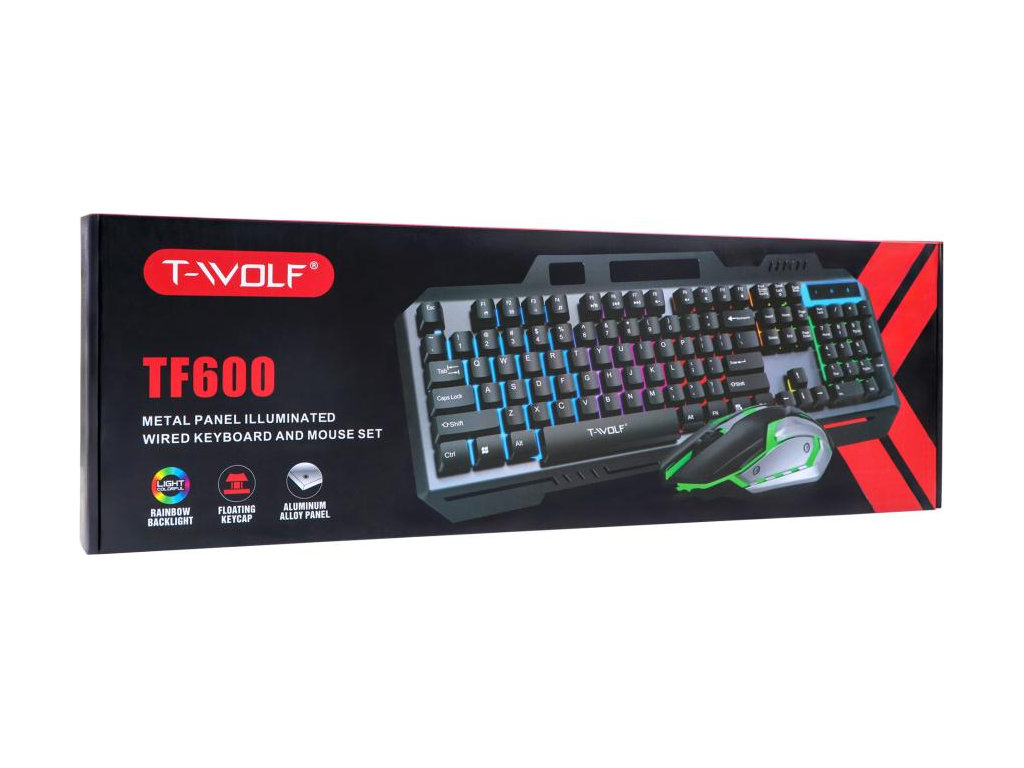 Клавиатура и мышь TWolf TF600, проводные, USB, мембранные, подсветка, DPI до 2400, ENG/UKR, черный