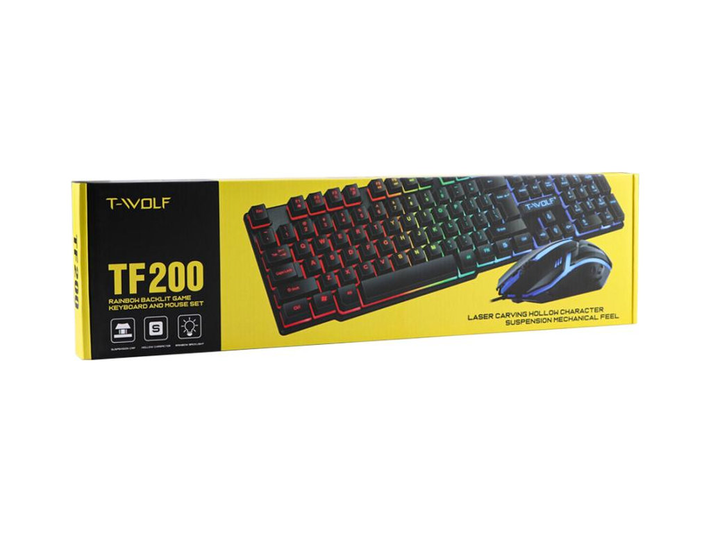 Клавиатура и мышь TWolf TF200, проводные, USB, мембранные, подсветка, DPI 1200, ENG/RU, цвет черный