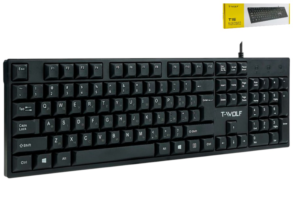Клавиатура TWolf T15, проводная, мембранная, 104 клавиши, USB, 445×145×20мм, цвет черный