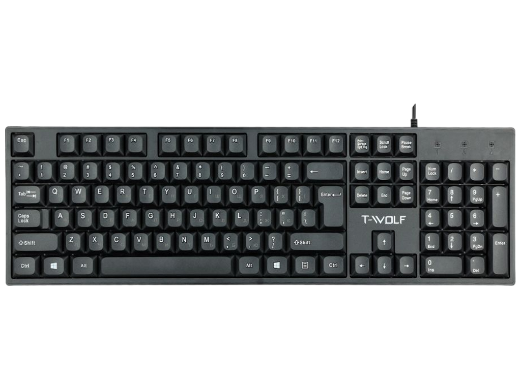 Клавиатура TWolf T15, проводная, мембранная, 104 клавиши, USB, 445×145×20мм, цвет черный