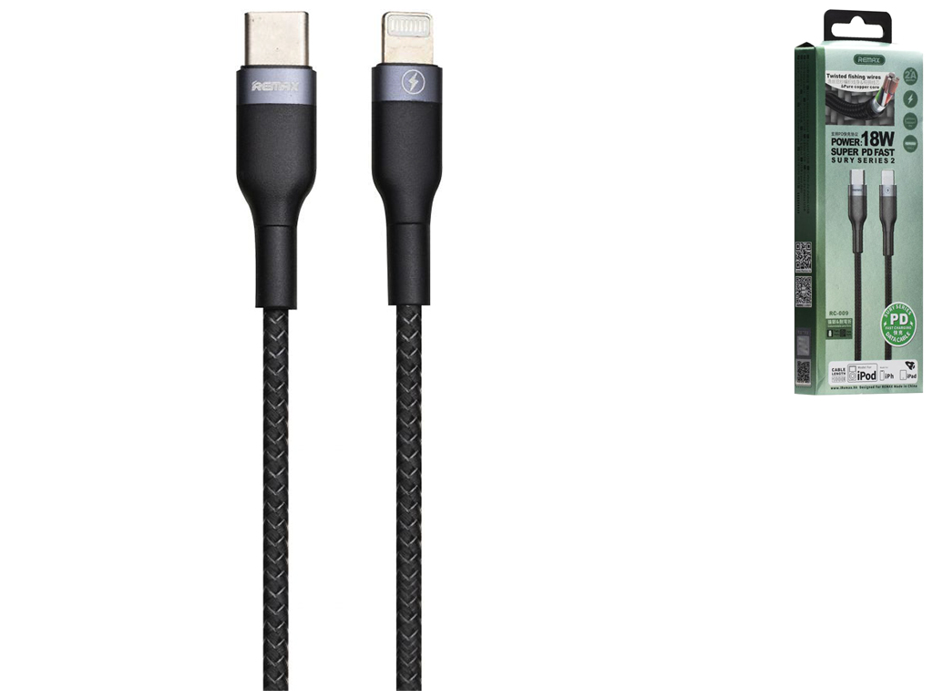 Кабель USB Remax RC-009i Sury 2 PD Type-C to Lightning, Чёрный