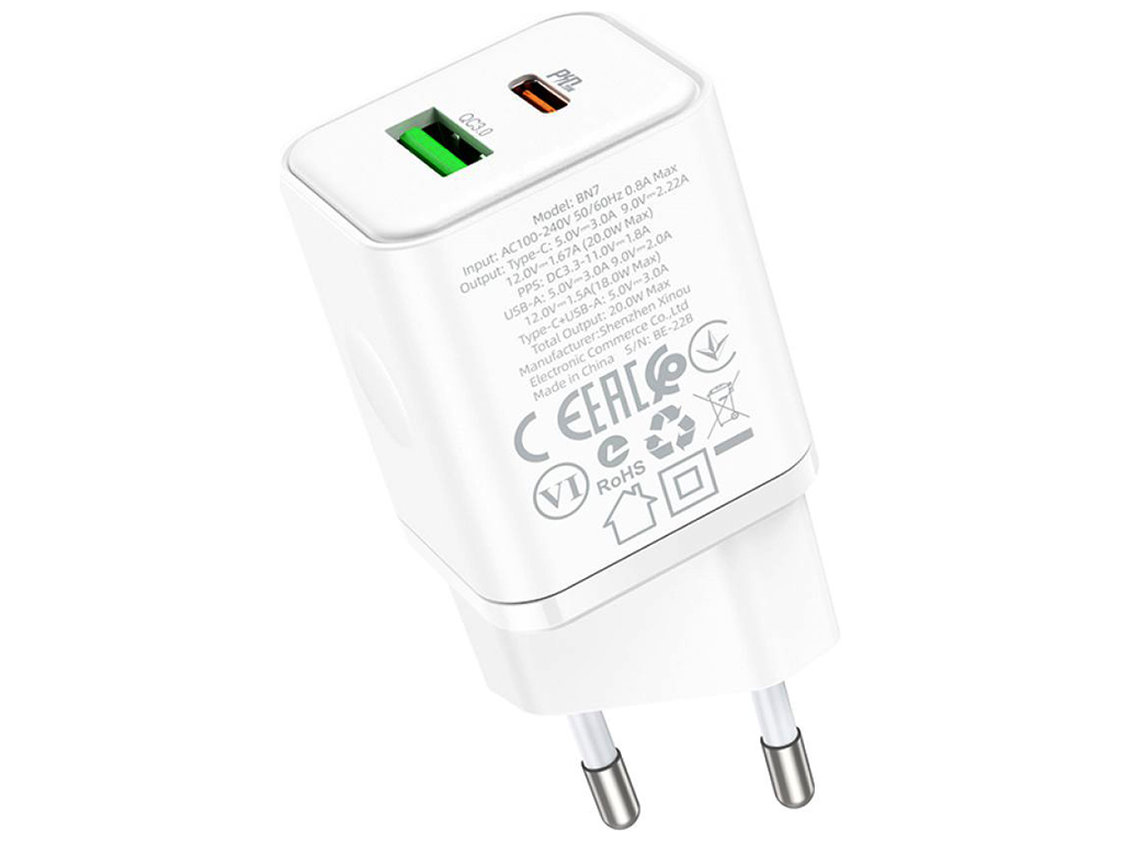 Мережевий зарядний пристрій Borofone BN7 PD20W+QC3.0 Колір Бiлий