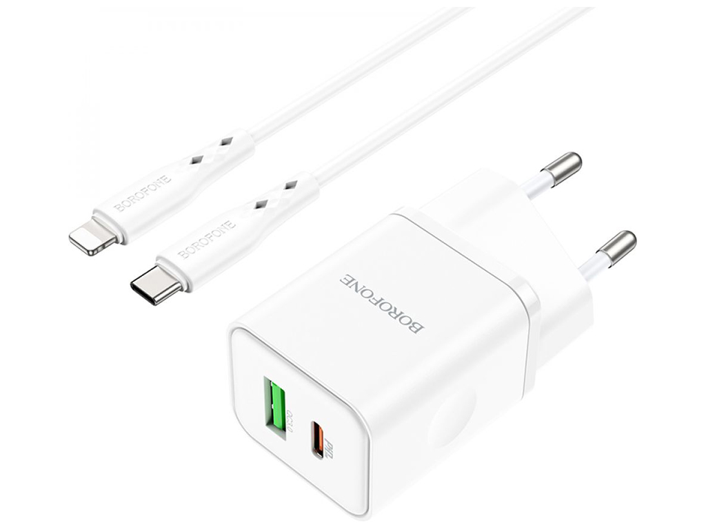Мережевий зарядний пристрій Borofone BN7 PD20W+QC3.0 Type-C To Lightning Колір Бiлий
