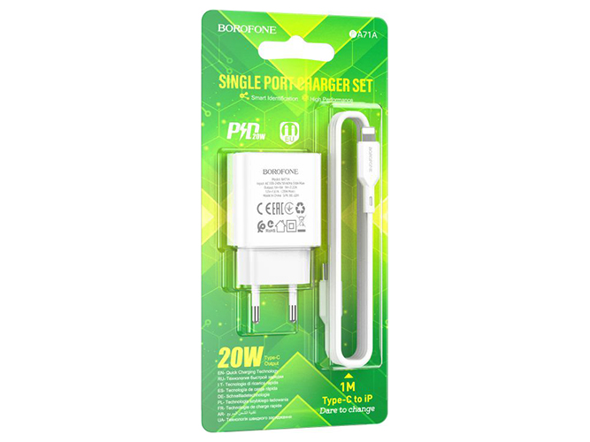 Мережевий Зарядний Пристрій Borofone BA71A Power PD20W Type-C to Lightning Білий