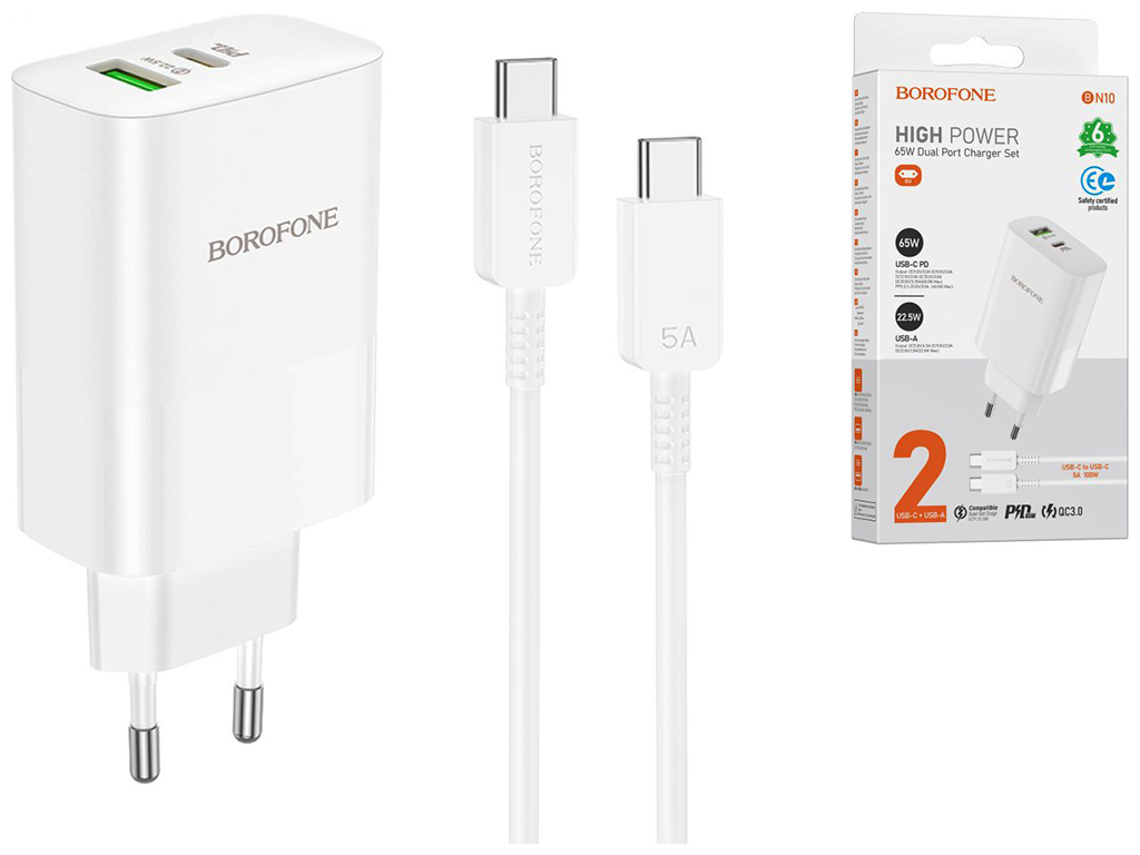Мережевий Зарядний Пристрій Borofone BN10 Sunlight PD65W Type-C to Type-C Бiлий