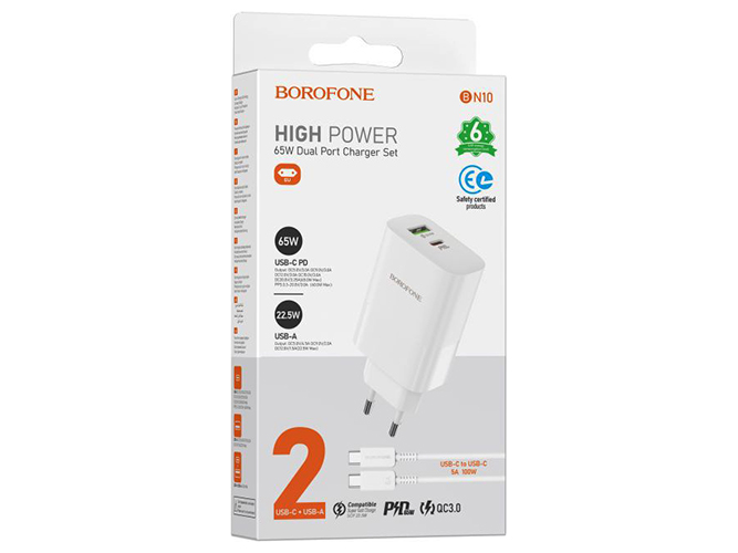 Мережевий Зарядний Пристрій Borofone BN10 Sunlight PD65W Type-C to Type-C Бiлий