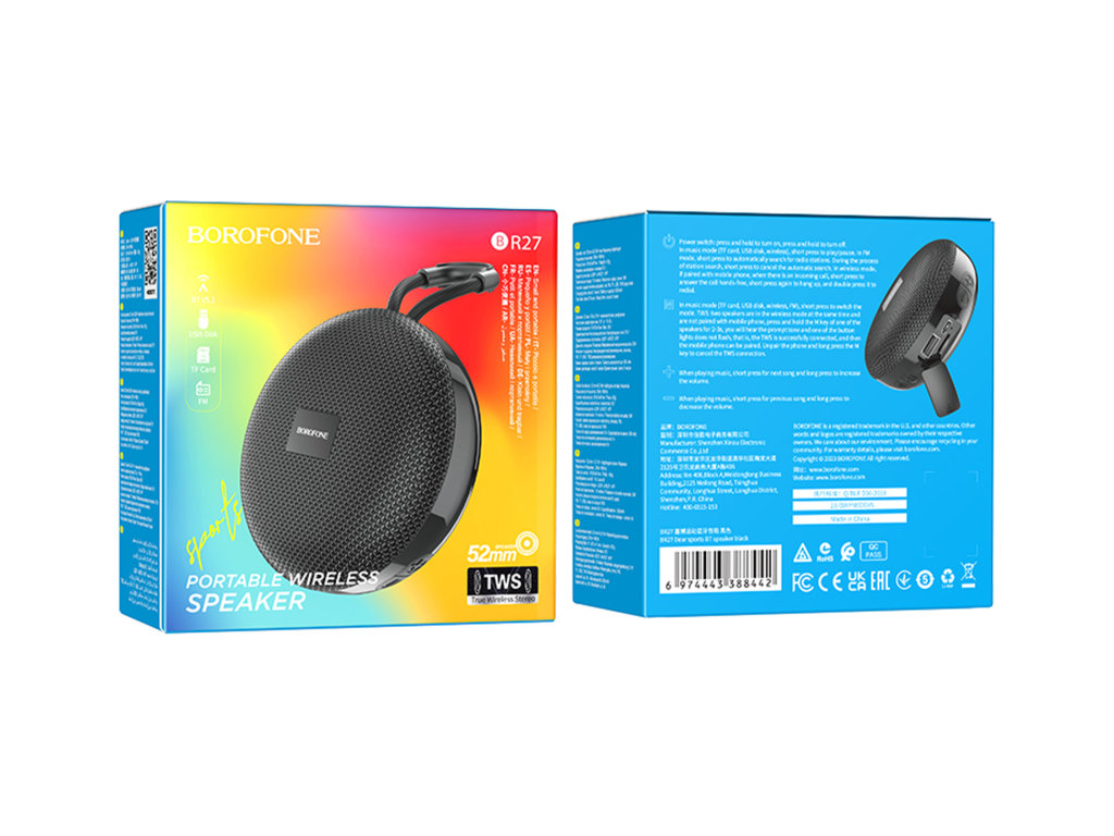 Колонка Borofone BR27, 5Вт, Bluetooth 5.1, 500mAh, Type-C, ABS пластик, 97×97×47мм, цвет черный