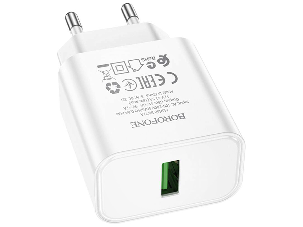 Мережевий зарядний пристрій Borofone BA72A Spring QC3.0 Колір Білий