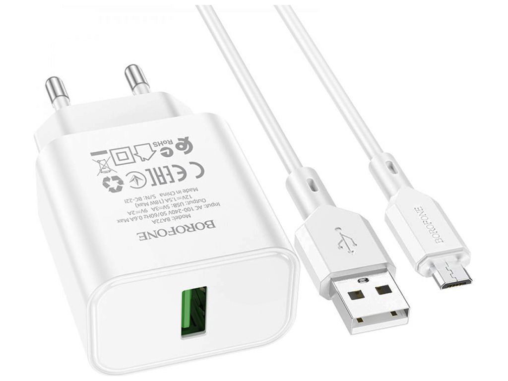 Сетевое Зарядное Устройство Borofone BA72A Spring QC3.0 Micro Белый