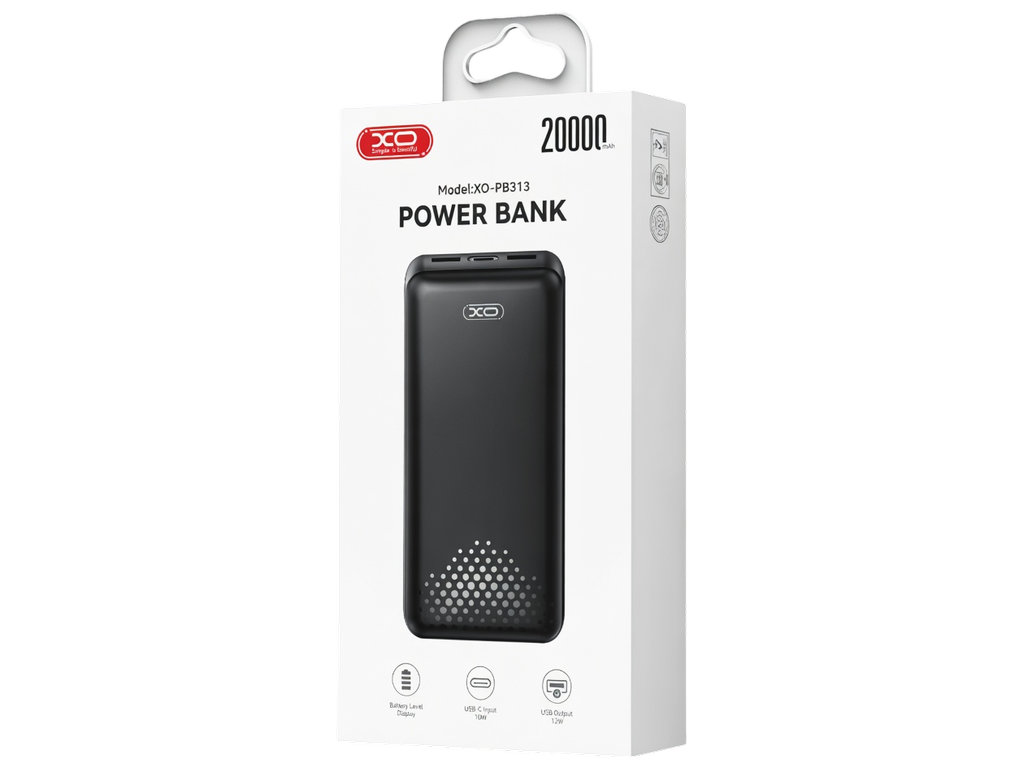 Power Bank XO PB313, 10W, 20000mAh, провідна зарядка, LED-індикатор, ABS пластик, колір чорний