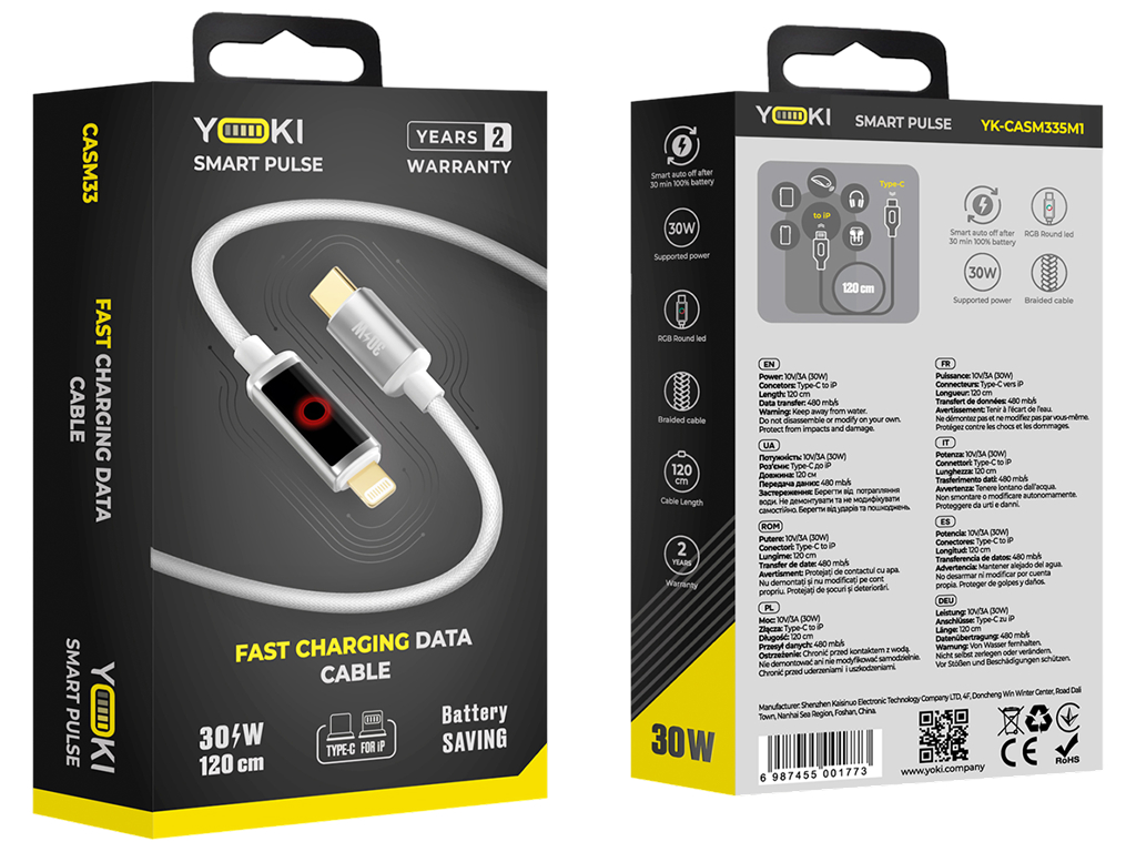 Кабель зарядный Yoki Smart Pulse, Type-C - Lightning, Led-индикатор, 30Вт, 1,2м