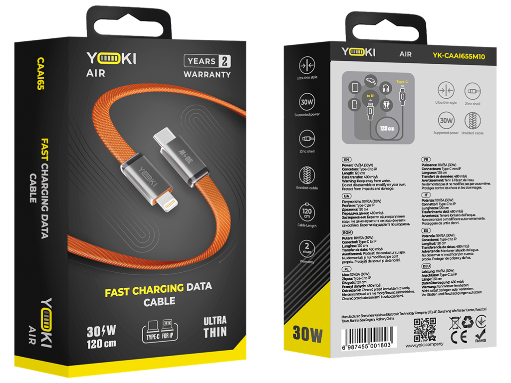 Кабель зарядный Yoki Air, Type-C - Lightning, плоский, передача данных, 30Вт, 1,2м