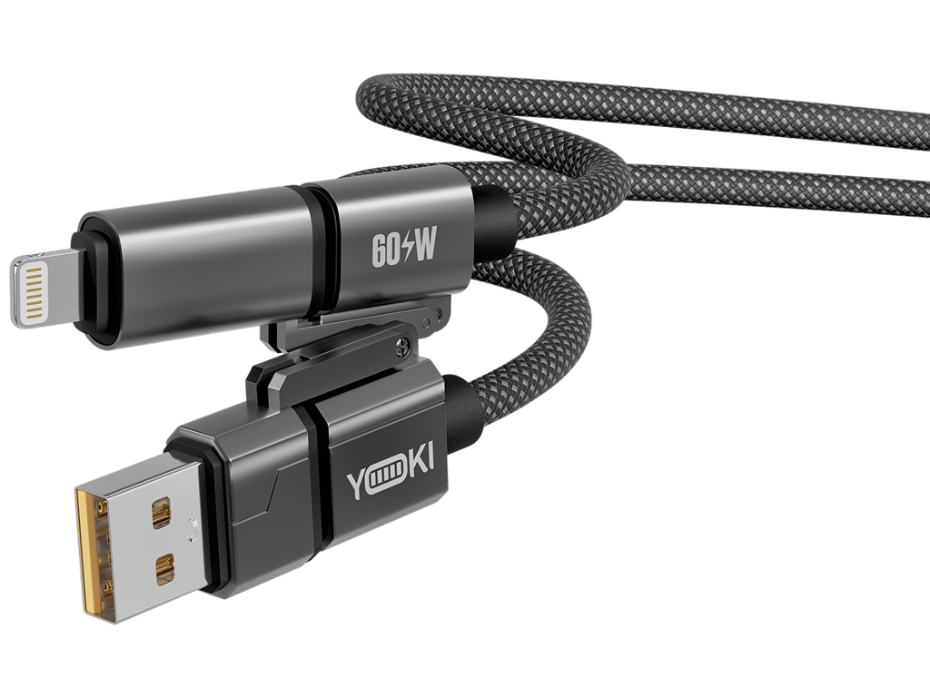 Кабель зарядный Yoki Car Media, 4 в 1, Usb-A, Type-C - Lightning, Type-C, 60Вт, 1,8м