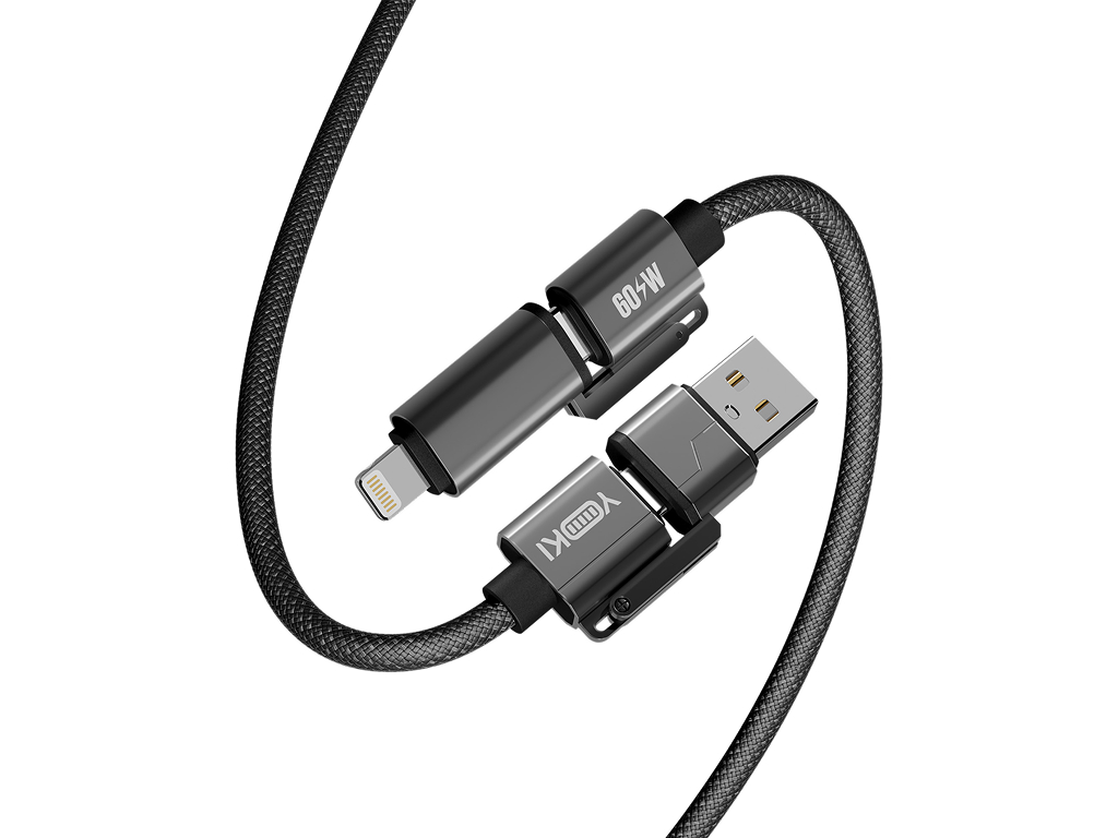 Кабель зарядный Yoki Car Media, 4 в 1, Usb-A, Type-C - Lightning, Type-C, 60Вт, 1,8м