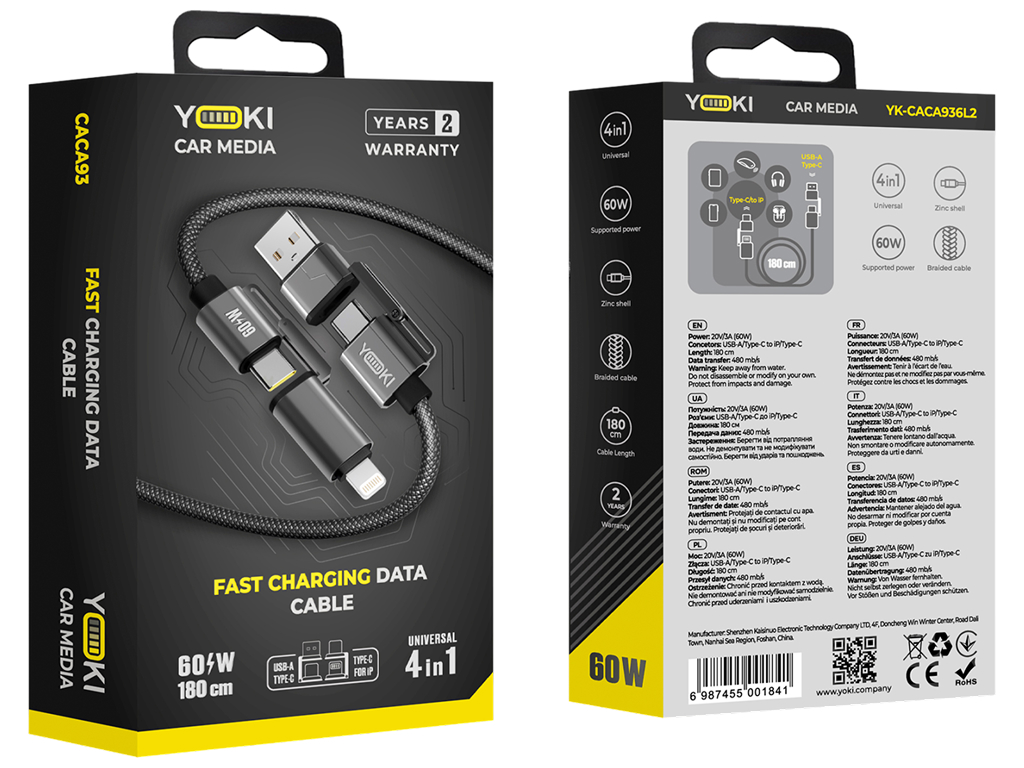 Кабель зарядный Yoki Car Media, 4 в 1, Usb-A, Type-C - Lightning, Type-C, 60Вт, 1,8м