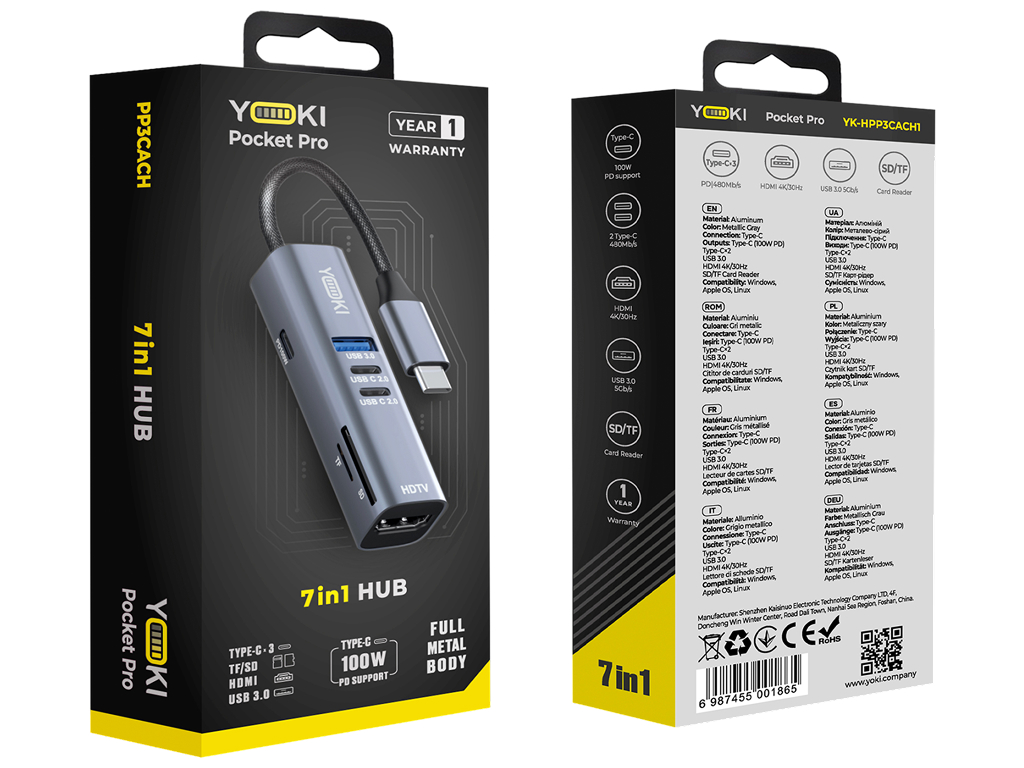 Usb-хаб Yoki Pocket Pro 7 в 1, Type-C, Hdmi, Usb 3.0, Sd, Tf, Pd 100Вт