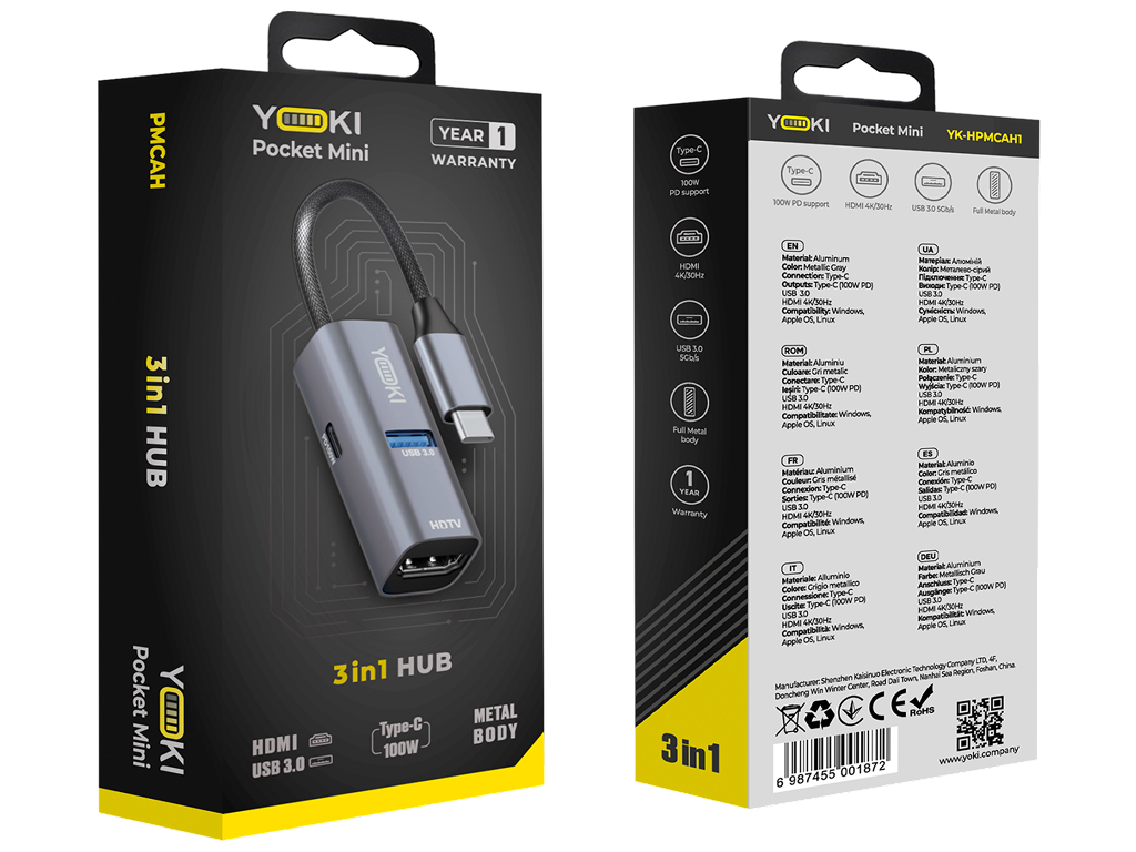 Usb-хаб Yoki Pocket Mini 3 в 1, Type-C, Hdmi, Usb 3.0, Pd 100Вт