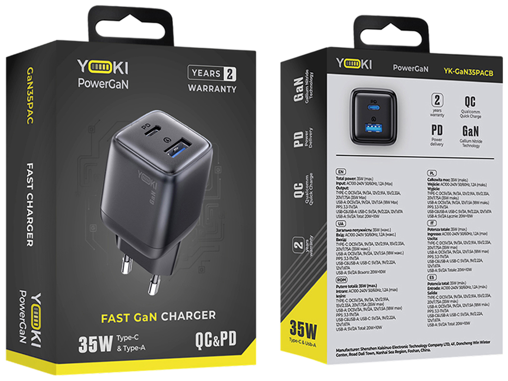 Сетевое зарядное устройство Yoki PowerGaN, Type-C, Usb-A, Pd, Qc, GaN, 35Вт