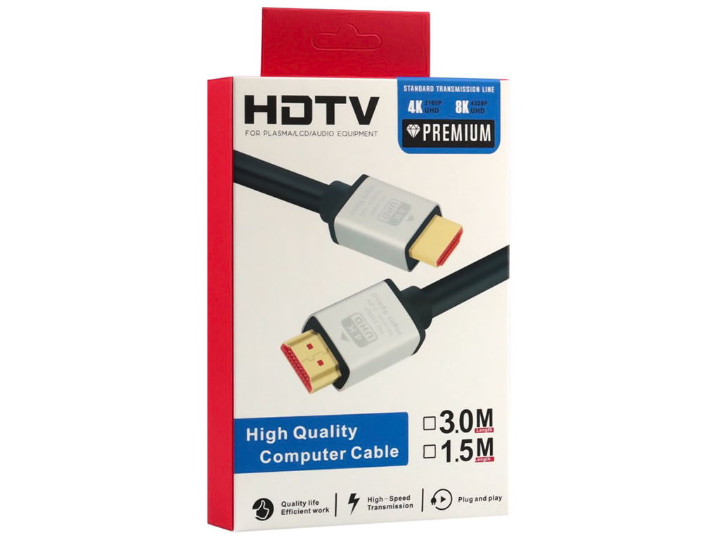 Кабель HDMI- HDMI 2.0V, 1,5м, 4K Premium, цвет черный