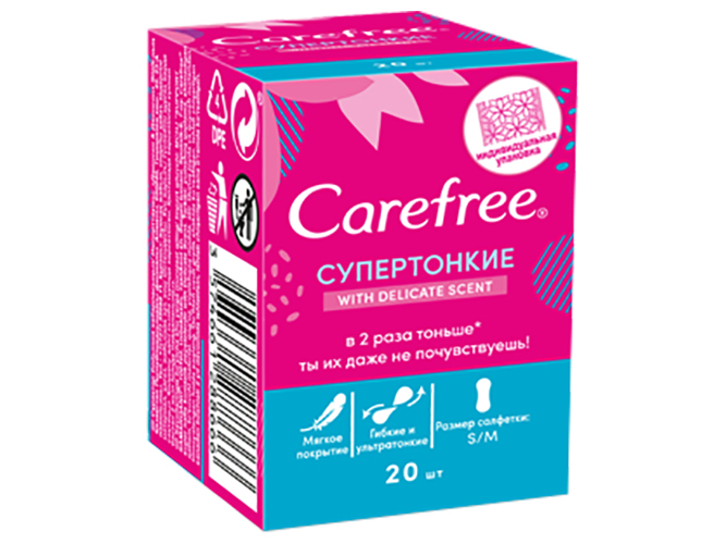 Прокладки ежедневные Сarefree with cotton feel супертонкие, в индивидуальной упаковке 20шт