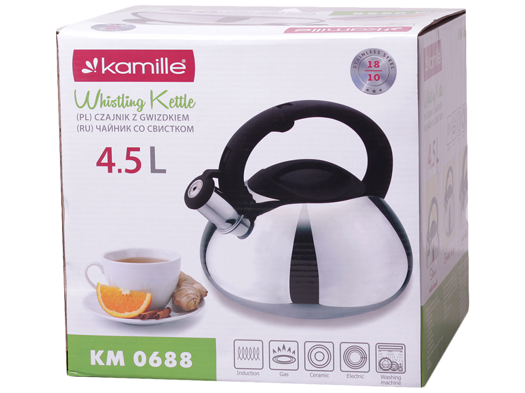 Чайник Kamille 4,5л нержавіюча сталь зі свистком і чорною бакелітовою ручкою