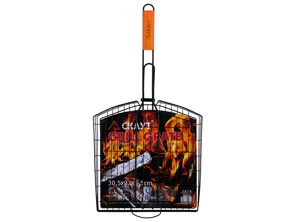 Решетка для гриля Скаут глубокая 30,5х32х5,5см с антипригарным покрытием и деревянной ручкой