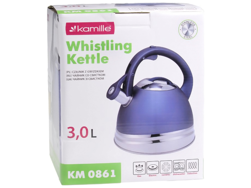 Чайник Kamille из нержавеющей стали со свистком и ручкой "soft touch", голубой, 3л