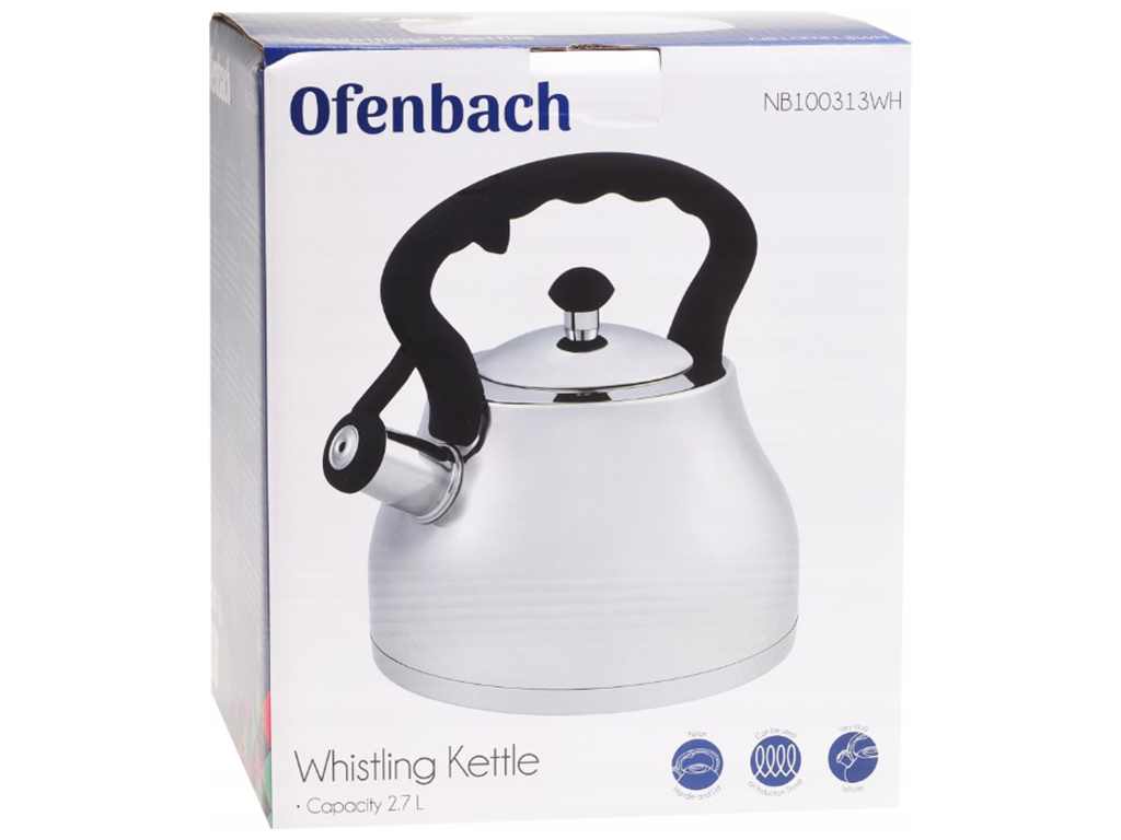 Чайник Ofenbach, из нержавеющей стали со свистком и ручкой soft touch, белый, 2,7л