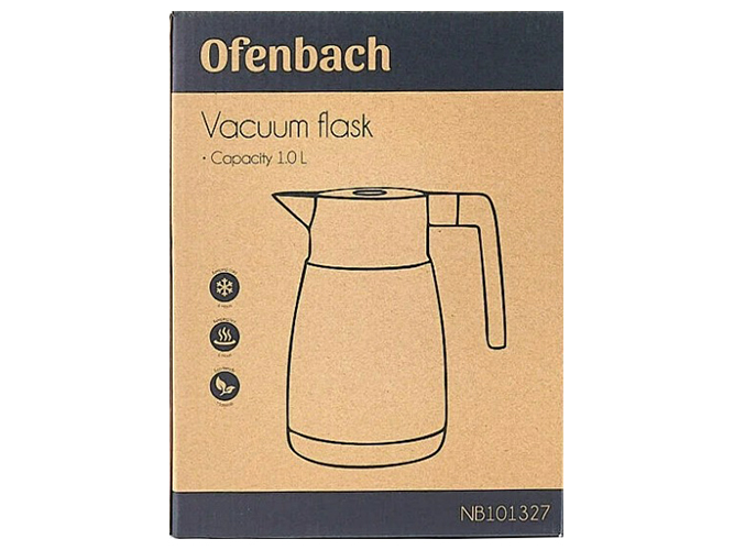 Термос Ofenbach пластиковый со стеклянной колбой, коричневый, 1л