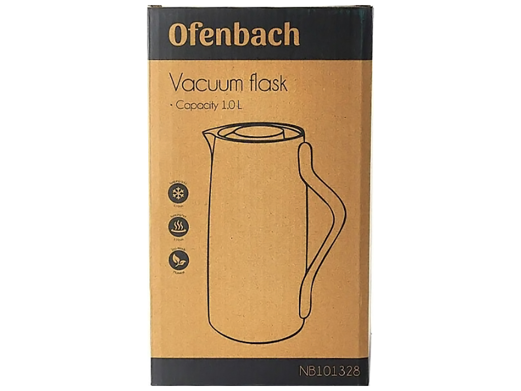 Термос Ofenbach пластиковый со стеклянной колбой, белый, 1л
