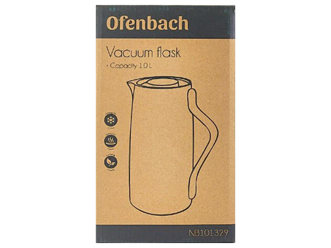 Термос Ofenbach пластиковый со стеклянной колбой, черный, 1л